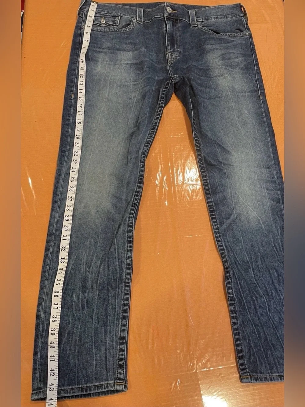 Y2K True Religion Jeans Rocco Relaxed Skinny Size 40 Blue Distressed Denim - Picture 14 of 14